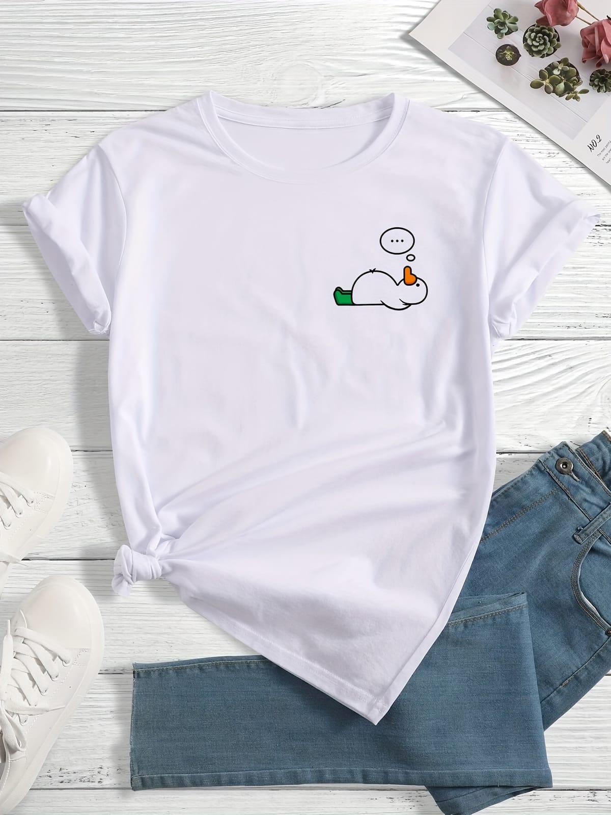 Duck Print Crew Neck T-Shirt, Casual Short Sleeve T-Shirt For Spring & Summer, Women's Clothing