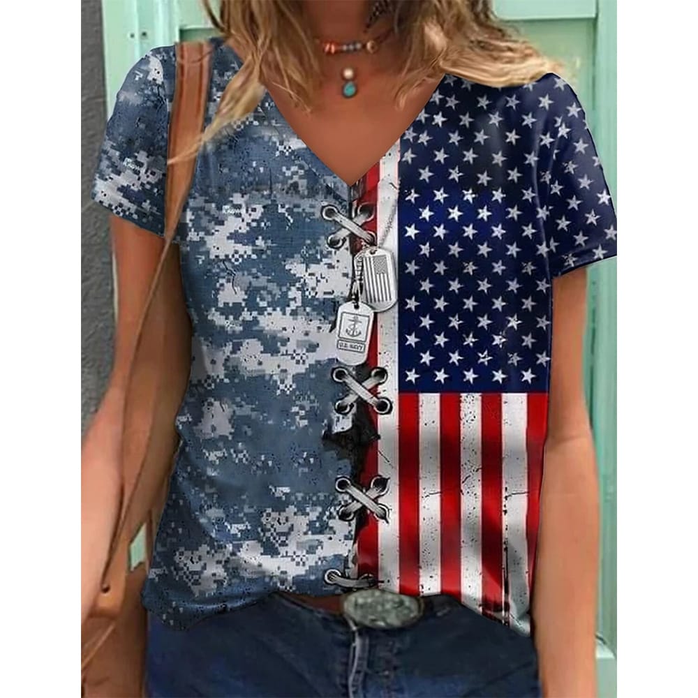 American Flag Element Women's T-shirt Summer new casual short-sleeved printed top V-neck street loose large size clothing