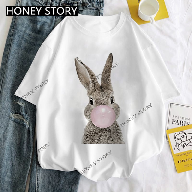 Women's T-shirt Short Sleeve New Cartoon Owl Blowing Bubbles Animal Tshirt Design Sense Round Neck White Base T Shirt Tops