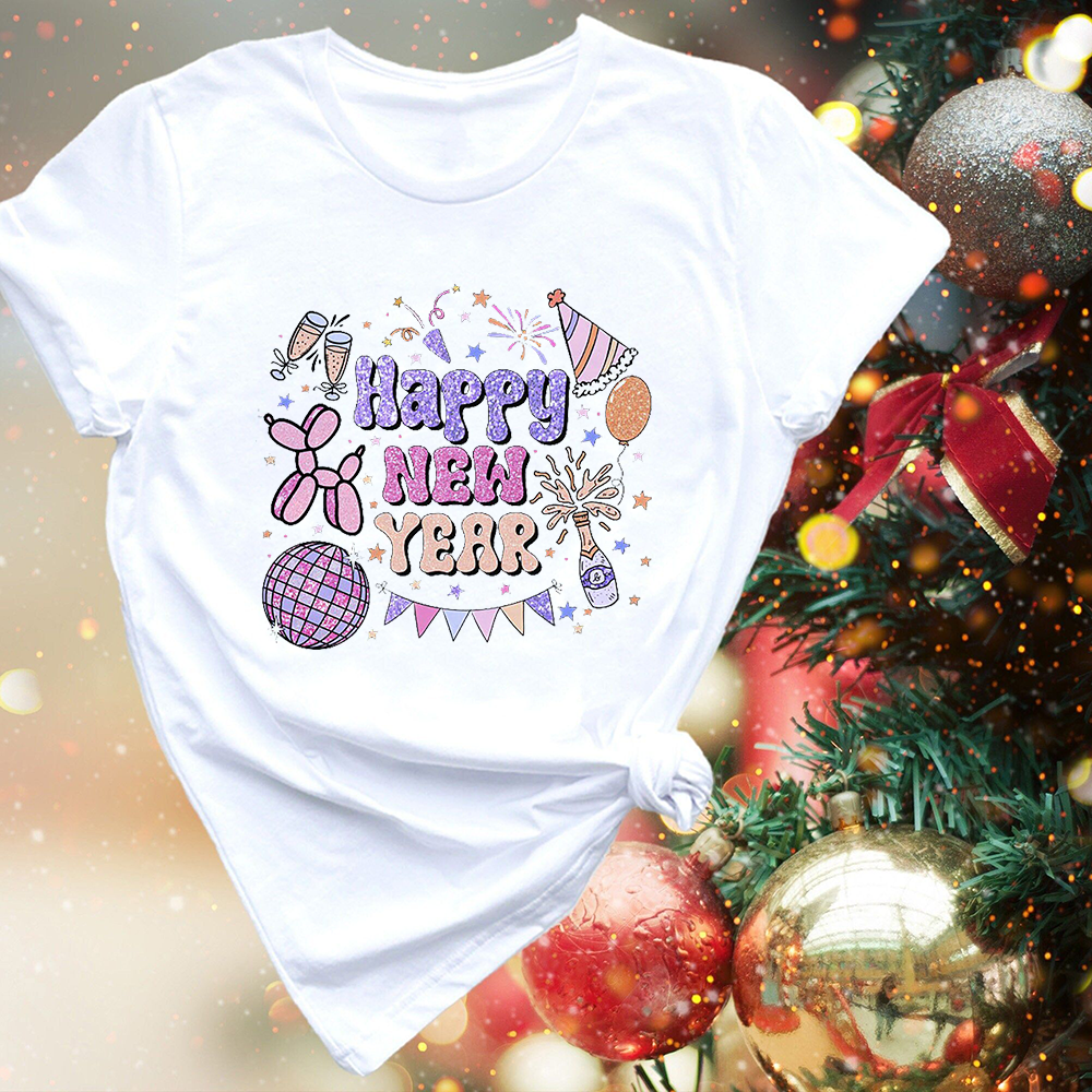 Happy New Year Print Womens Tee Top Casual Short Sleeve Fireworks Print Women's T-shirt Round Neck Tees New Year  Best Gift