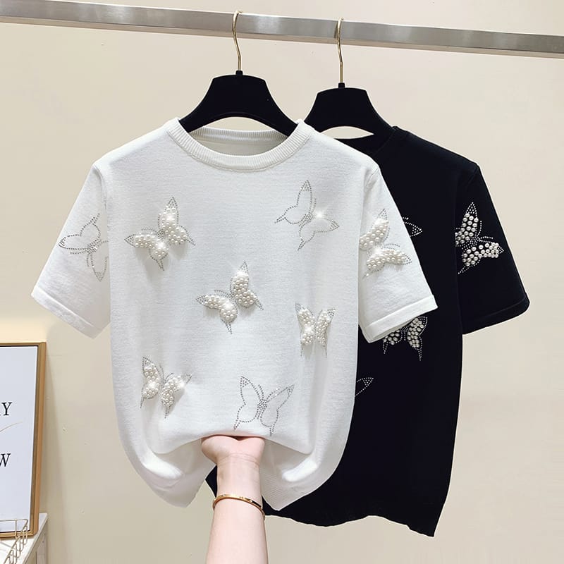 Women's Butterfly Beading Knitted Top Korean Style Fashion Short-Sleeve Black White T-shirt Elegant Ladies Spring Summer Top