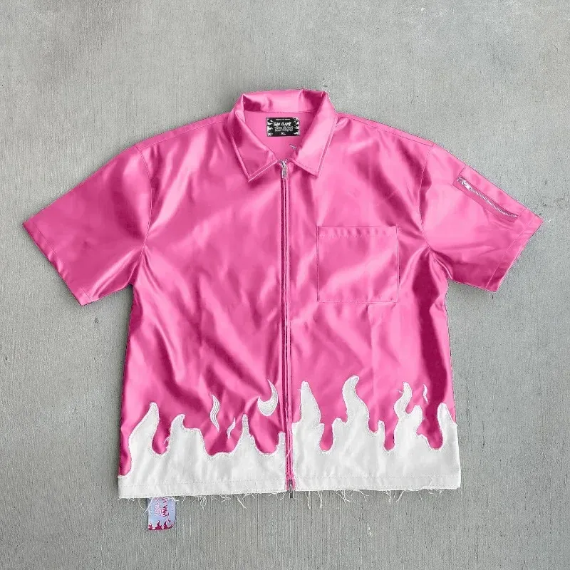 Summer New Zipper T-shirt Y2K Retro Leather Material Short Sleeve Men's Women's Street Hip Hop Gothic Punk Loose Collar T-shirt