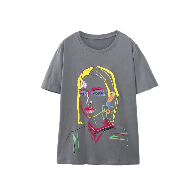 Summer Retro Fashion Girls' Printed T-Shirt Grey Pullover Short Sleeve Fashion Trendy Top Women's Street Casual Style 2023