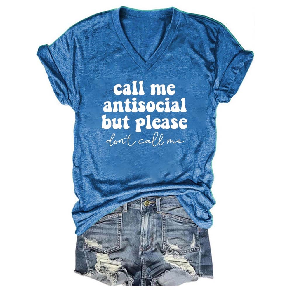 Rheaclots Women's Call Me Antisocial Printed V-neck Short Sleeve T-Shirt