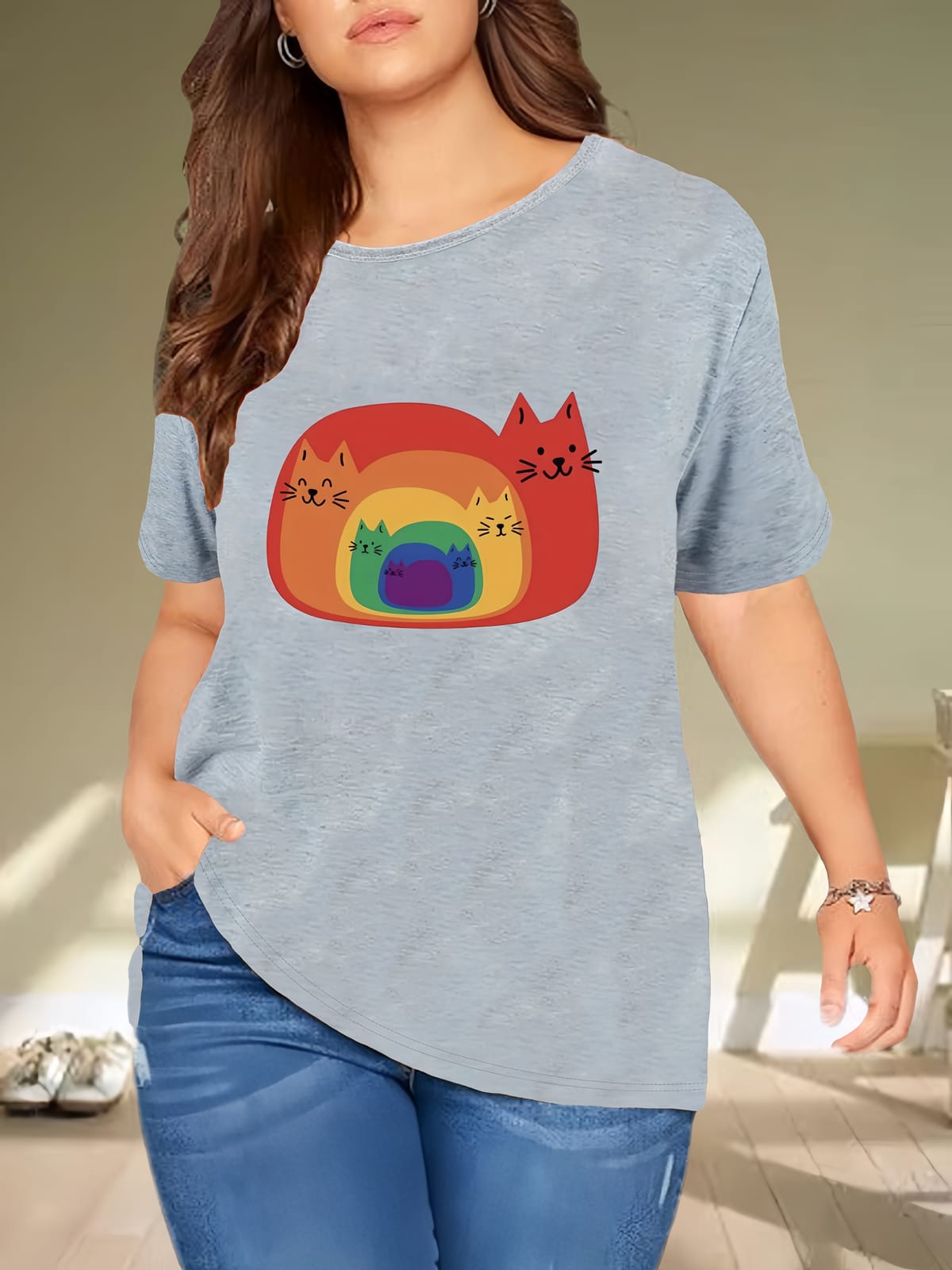 Creative Cute Cartoon Cat Print Round Neck T-Shirt, Casual Stretch Short Sleeve Sport T-Shirt, Women's Clothing