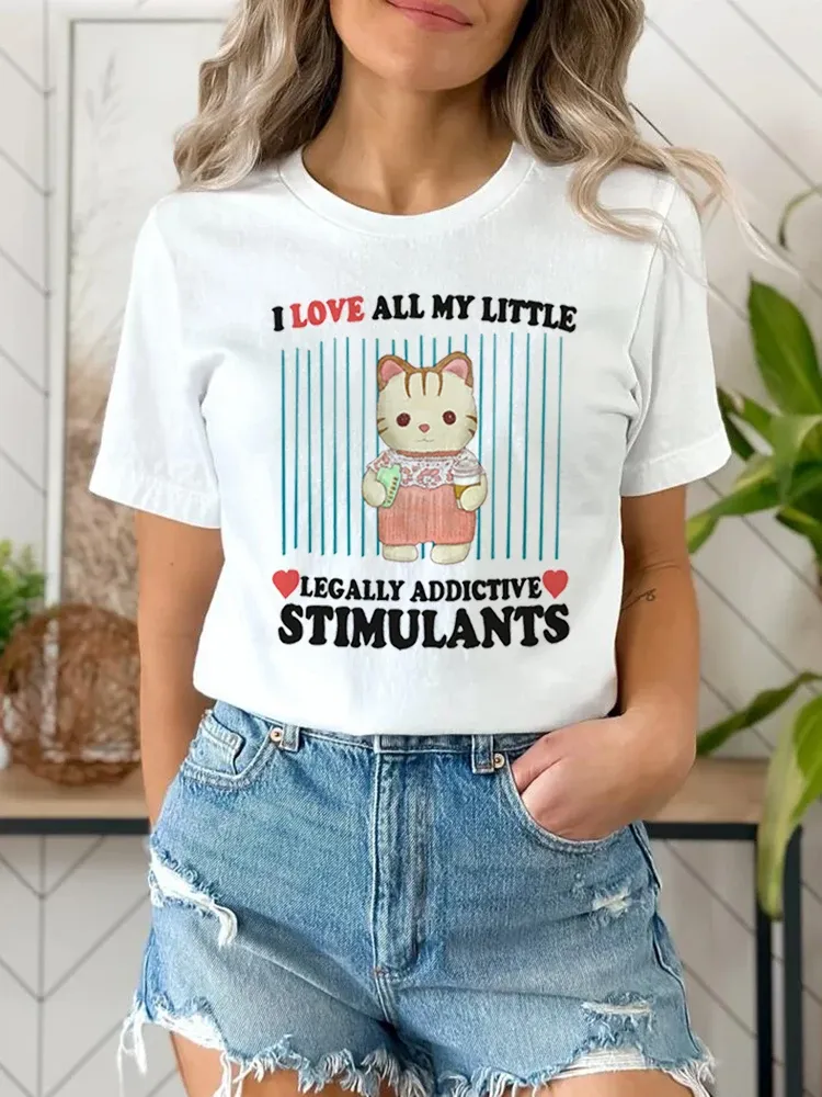 Sweet Academy Style Women's Cartoon 90s Round Neck Cat Printed Short Sleeve Casual Style T-Shirt Women's Printed Summer T-Shirt