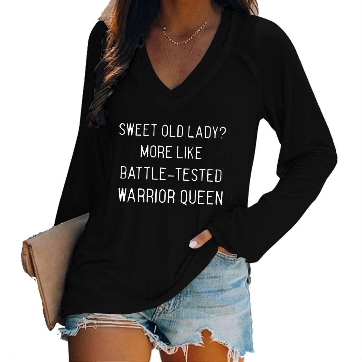 Women's printed long sleeved V-neck patchwork casual oversized T-shirt top Women's loose and versatile temperament personality