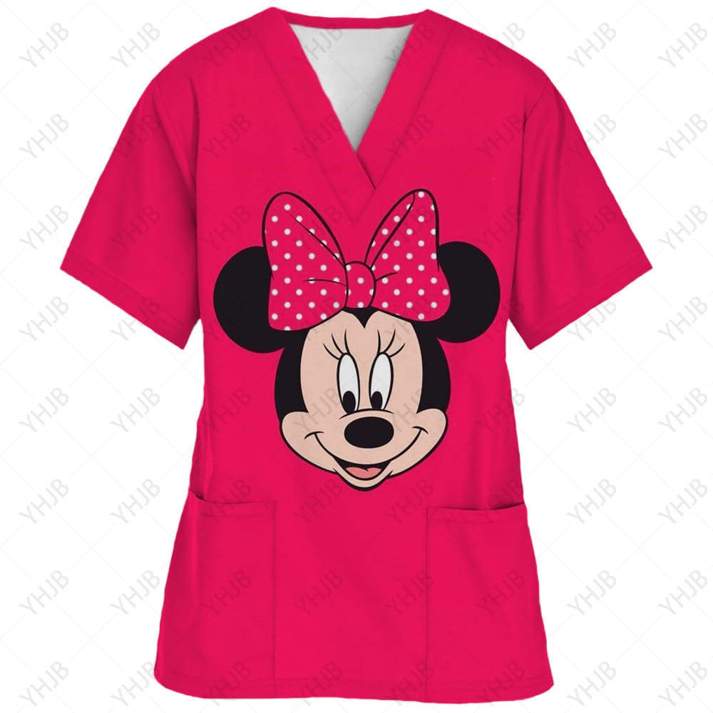 Disney-Women's Minnie Mickey Print Nursing Scrubs T-Shirt, Casual Tops, Short Sleeve, V-neck Pocket, Women Uniform
