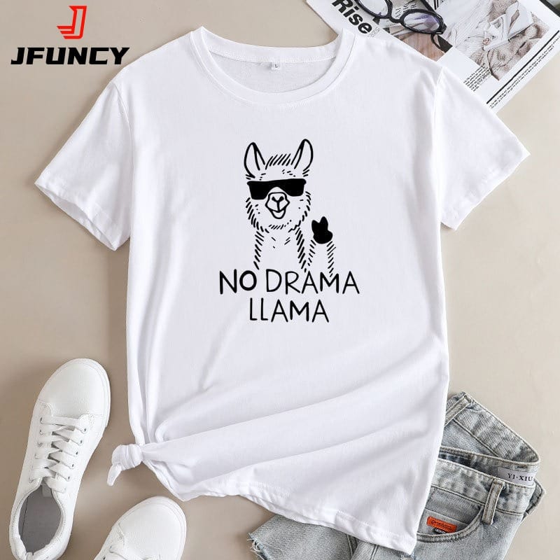 JFUNCY Women's Summer Tops Oversized Short Sleeve T-Shirts 2024 Female Clothing Cute Alpaca Graphic Tees Women Cotton Tshirt