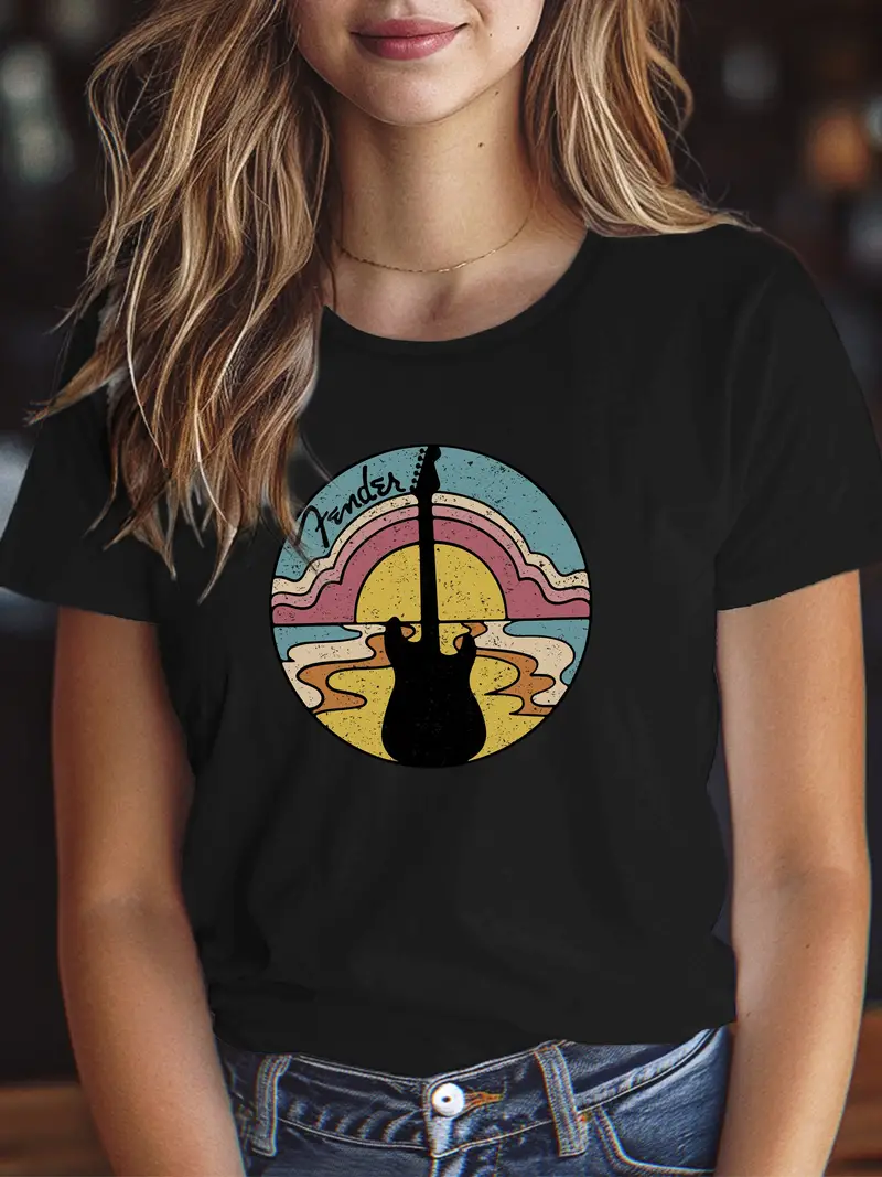 Retro Guitar Ring Style T-shirt Women's Fashion T-shirt Women's T-shirt Short sleeved Round Neck Women's Y2K Top Retro Harajuku