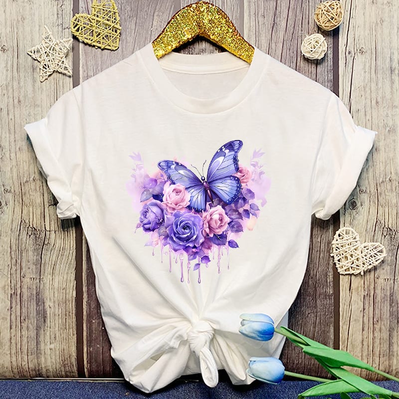 New Flowers Butterfly Print Short Sleeve Casual T-Shirt Summer Fashion Harajuku Short Sleeve Women'S Top