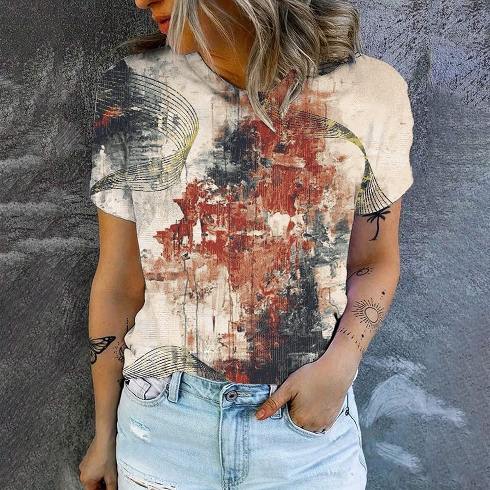 Women's round neck short sleeved T-shirt, trendy and fashionable, geometric pattern printing, fashionable, casual, 2024