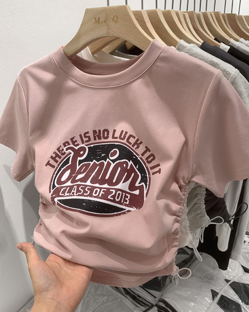 Korean Original Chic Design Sense Summer Short Drawstring V-neck Slim Fit Elastic Short Sleeved T-shirt Women's Versatile Top