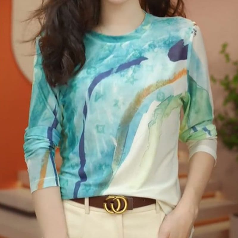 Long-sleeved high-necked gauze T-shirt women's 2024 new fashion temperament contrast printed top western-style bottoming shirt