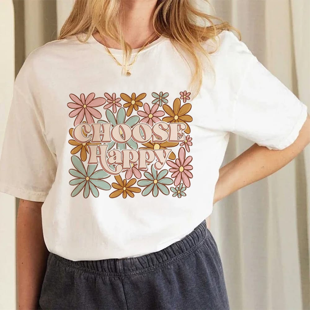 Women's Harajuku Street Clothing Choose Happy Printed T-Shirt Loose Retro Pattern Trendy Versatile T-Shirt Unisex Clothing Gift.
