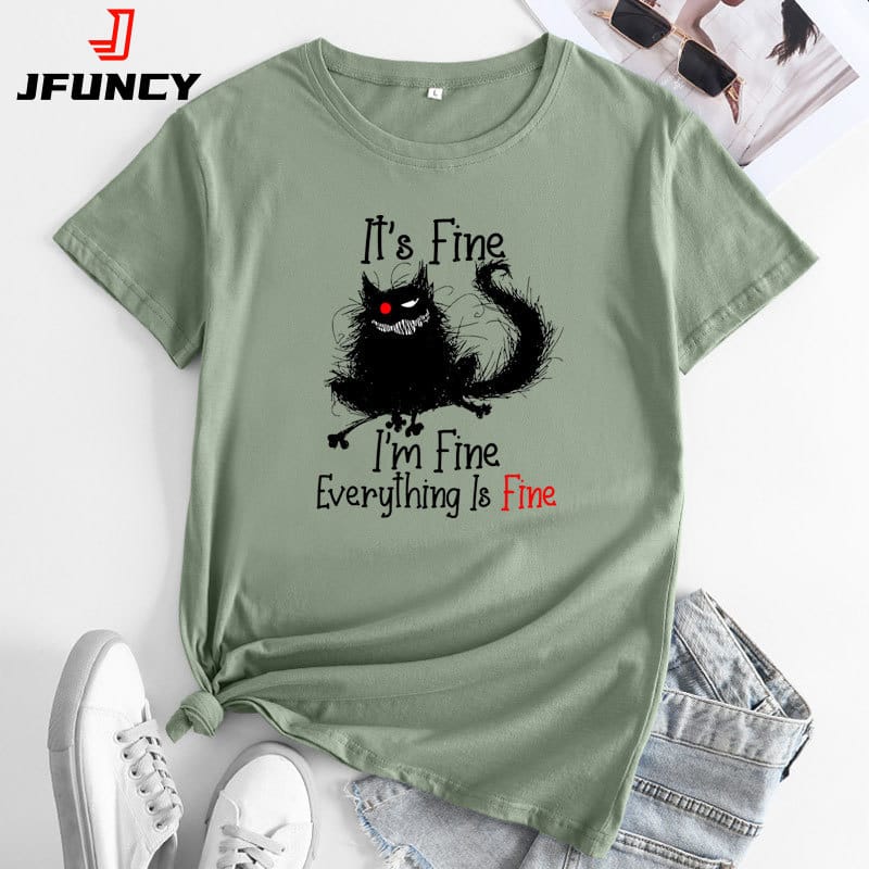 JFUNCY Women T-shirt Oversized Women's Tee Shirt Female Tshirt Short Sleeve Woman Tops 2024 Fashion Cartoon Cat Graphic T Shirts