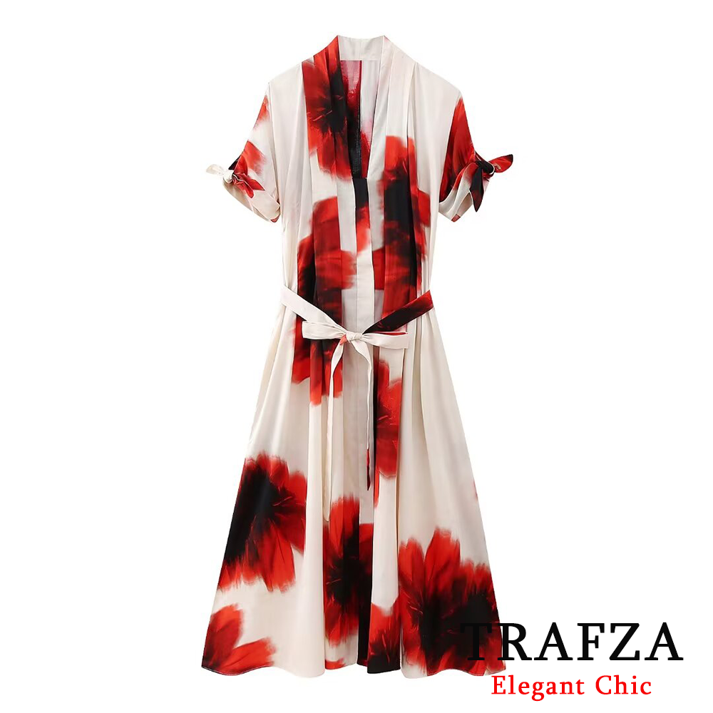 TRAFZA Vintage Printed Midi Dresses Women's Casual V-Neck Belt Short-Sleeved Dresses New 2024 Summer Fasion Office Lady Dresses