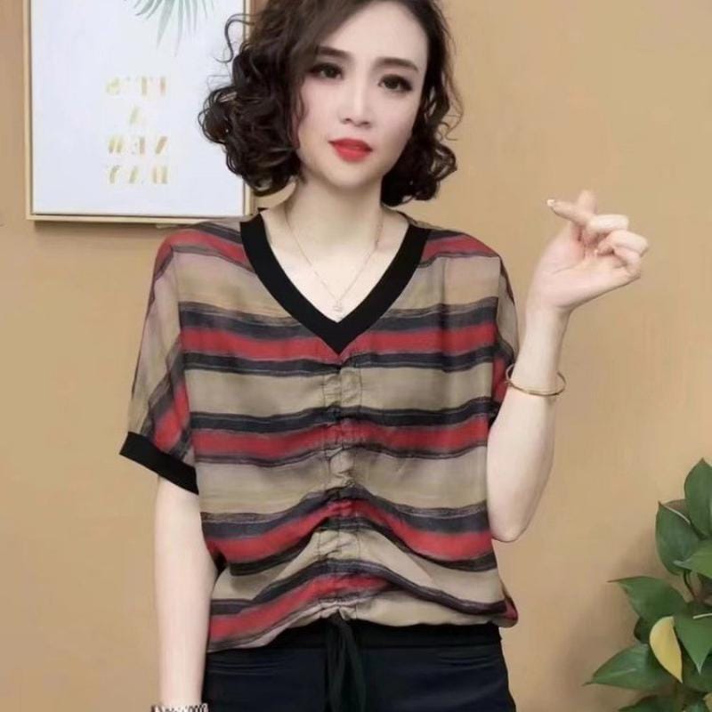 Korean Summer Trend Slim Fit Design Print Stripe V-neck T-shirt Women's Drawstring Breathable Fashion Casual Short Sleeved Top