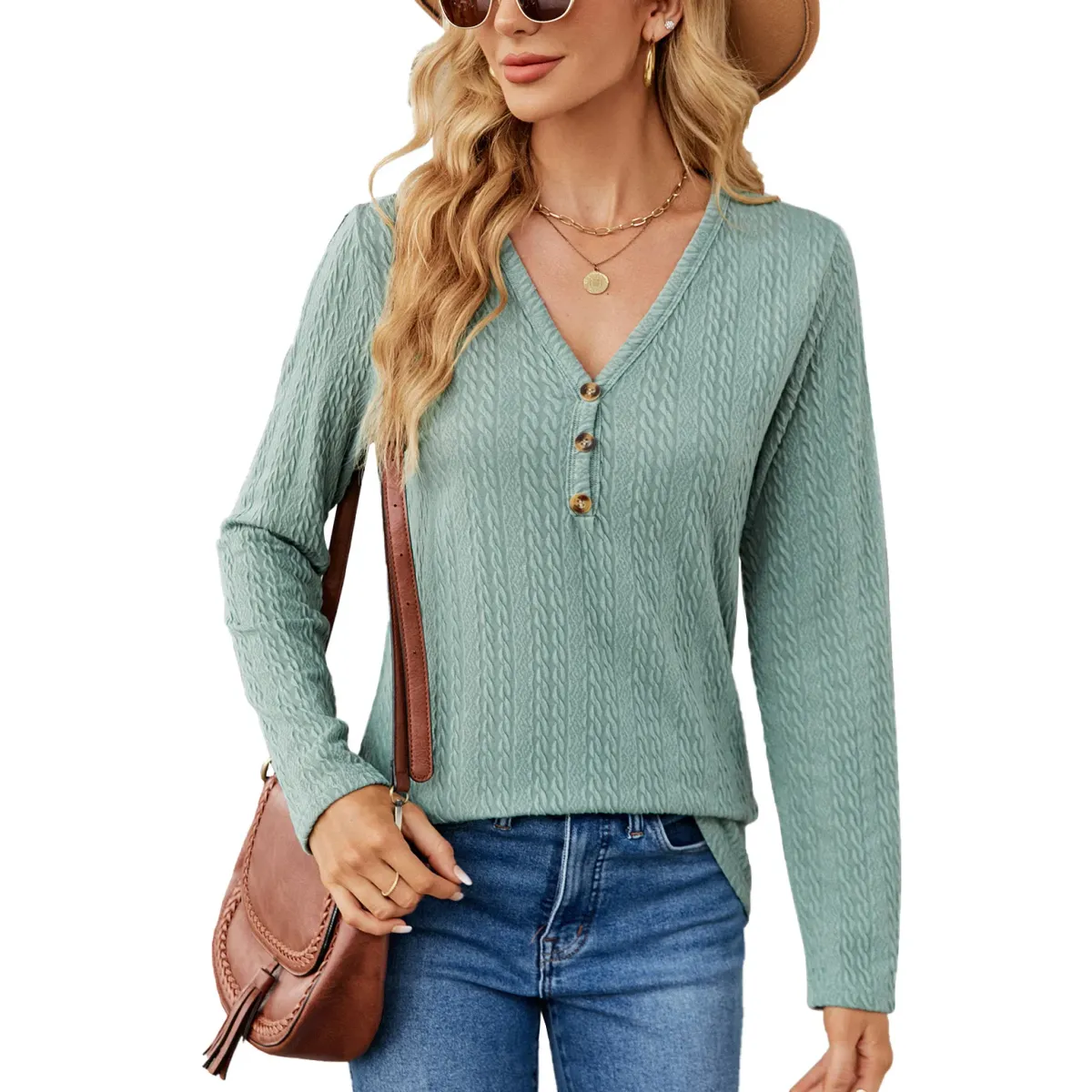 Women's Long Sleeve Loose T-shirt, V Neck Tops, Buttons, Spring, Autumn