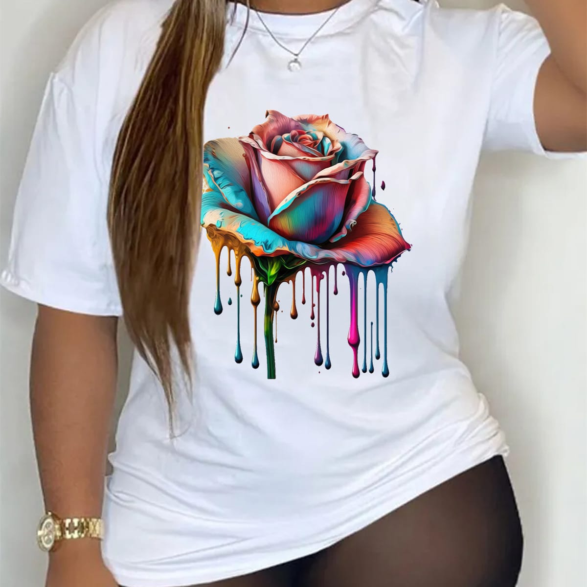 Dripping Rose Print Short Sleeve Round Neck Slight Stretch T-shirt Women's Plus Casual T-shirt