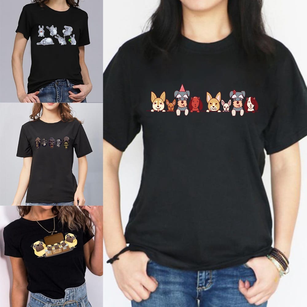 T-shirt Women's Cartoon Pattern Short Sleeve Summer Black O-neck cartoon Print Women's T-shirt Casual Top Tee