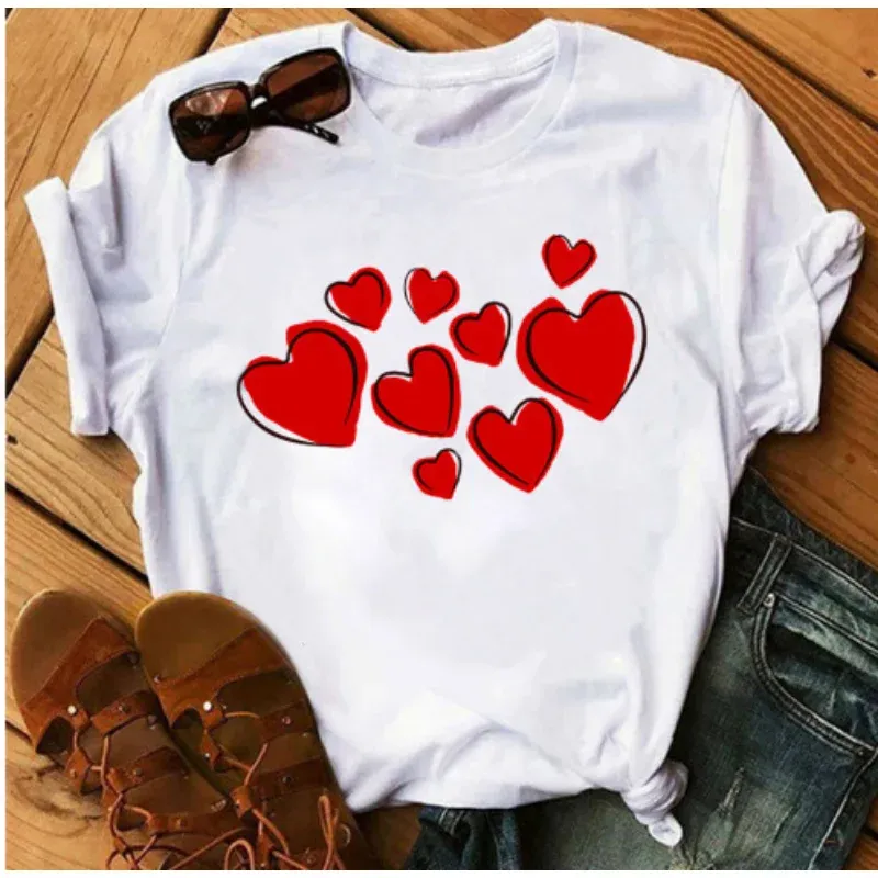 Spring Summer Women's New T-shirt Short Sleeve Valentine's Day Love Element Printed Leggings Fashion Casual Girls Boys T-shirts
