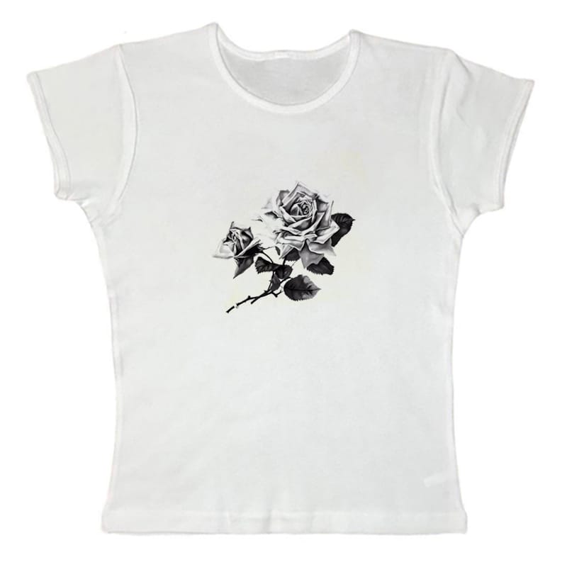 Grunge patchwork T-shirt vintage T-shirt Harajuku slim fit short sleeved shirt street clothing women's rose print baby T-shirt