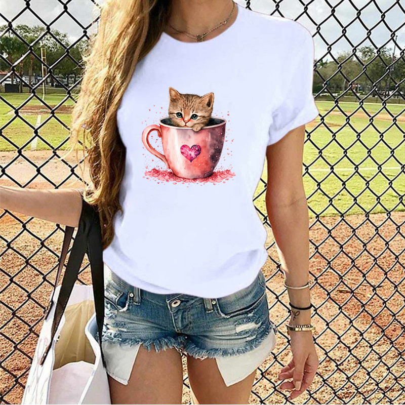 Women's Fashion Casual Cup Love Cat Pattern Printed T-shirt Summer Women's Comfortable Personality Shirt T-shirt
