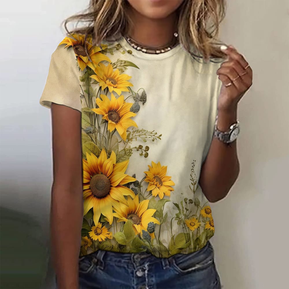 Elegance Women's T-shirts Sunflower Print O-neck Short Sleeves T shirt Casual Loose Tops Summer Vintage Women Clothing Pullover