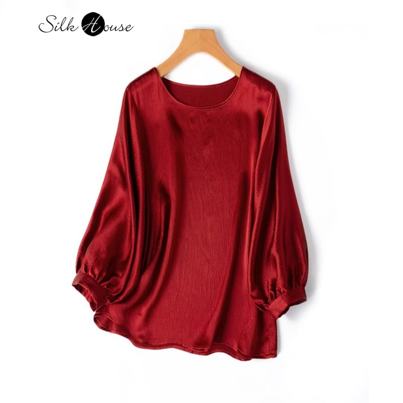 2024 Women's Fashion Spring/Summer New Loose 100%Natural Mulberry Silk Pearl Satin Round Neck Lantern Sleeves Red T-shirt