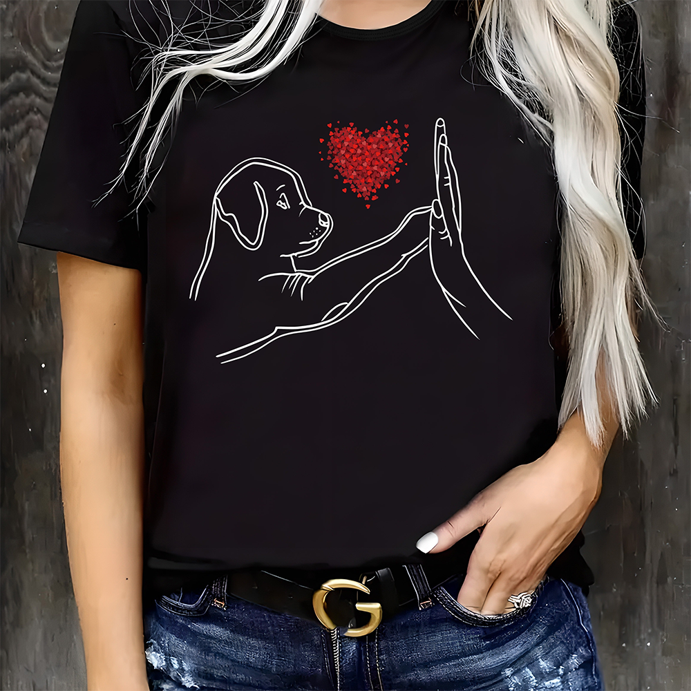 Heart And Dog Graphic Print T-shirt Short Sleeve Crew Neck Casual Top For Summer & Spring Women's Fashion Clothes ladies t shirt