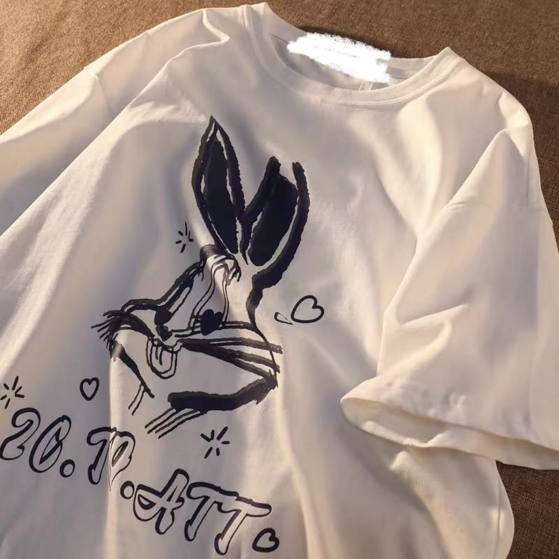 Short-sleeved Top Women's Summer Rabbit Print Loose American Retro Cartoon 2023 Latest Summer New Simple Letter T-shirt Women
