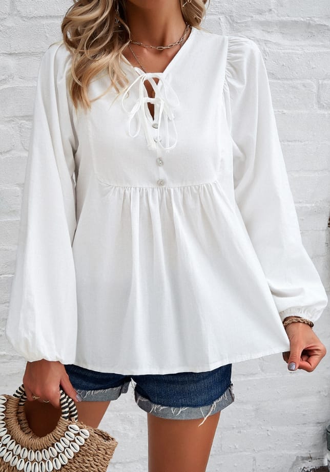 Spring Temperament Commuting Mid Length Women's Loose Casual Fashion Lace Up Detail Solid Color V-Neck Long Sleeved Top