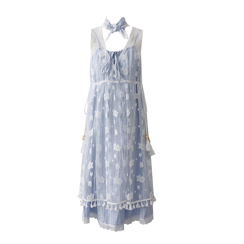 Sweet Holiday Style Off-shoulder Plaid Sling Dresses with Scarf + Women's V-neck Sleevless Lace Smock Vest Dress Three-piece Set