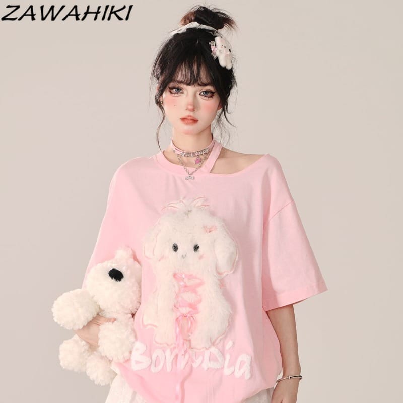 Preppy Women's T-shirts Pink Off Shoulder Cute Top Female Bandage Loose Casual Ropa Mujer Letter Print Japanese Mujer Camisetas