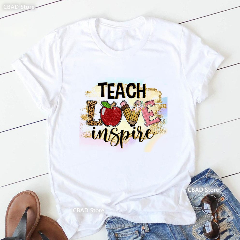 Watercolor Teach Love Inspire Graphic Print T Shirt Women'S Clothing Teacher Life Tshirt Femme Leopard Apple Pencil T-Shirt