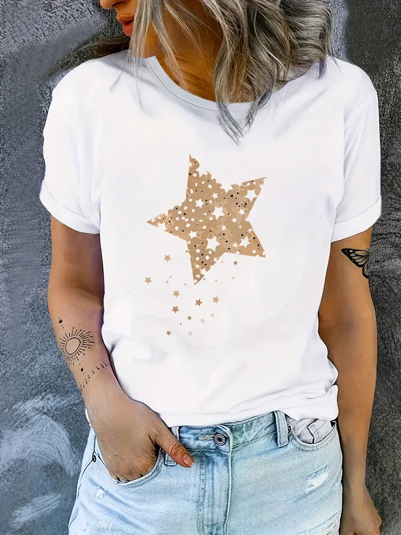 Shiny Star Cute	Women t shirt Summer Fashion Short sleeved T-shirt Tee Tops Printed O-neck Casual T-shirt Women's Clothing