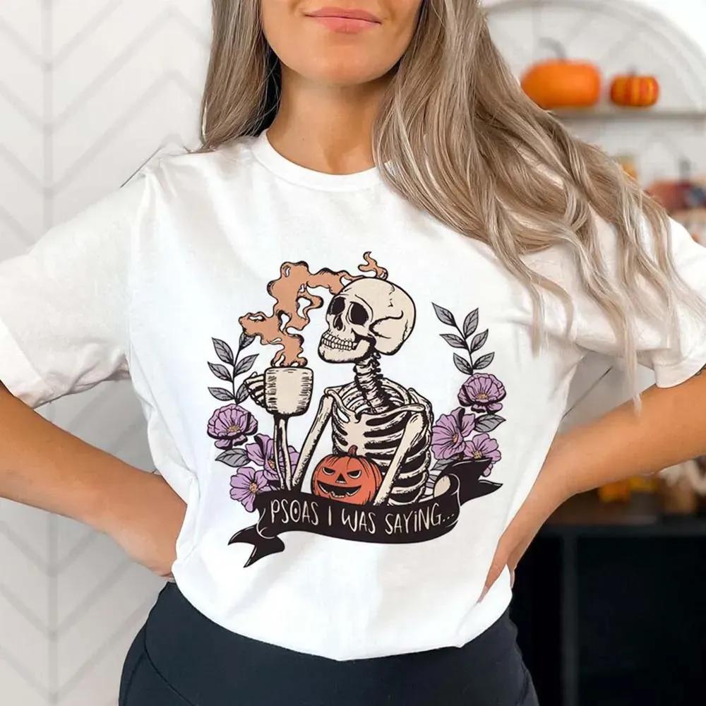 Short Sleeved T-Shirt Retro Sweet Printed Skull Pattern Costume Halloween Summer O-Neck Top Women's Basic Casual New T-Shirt.