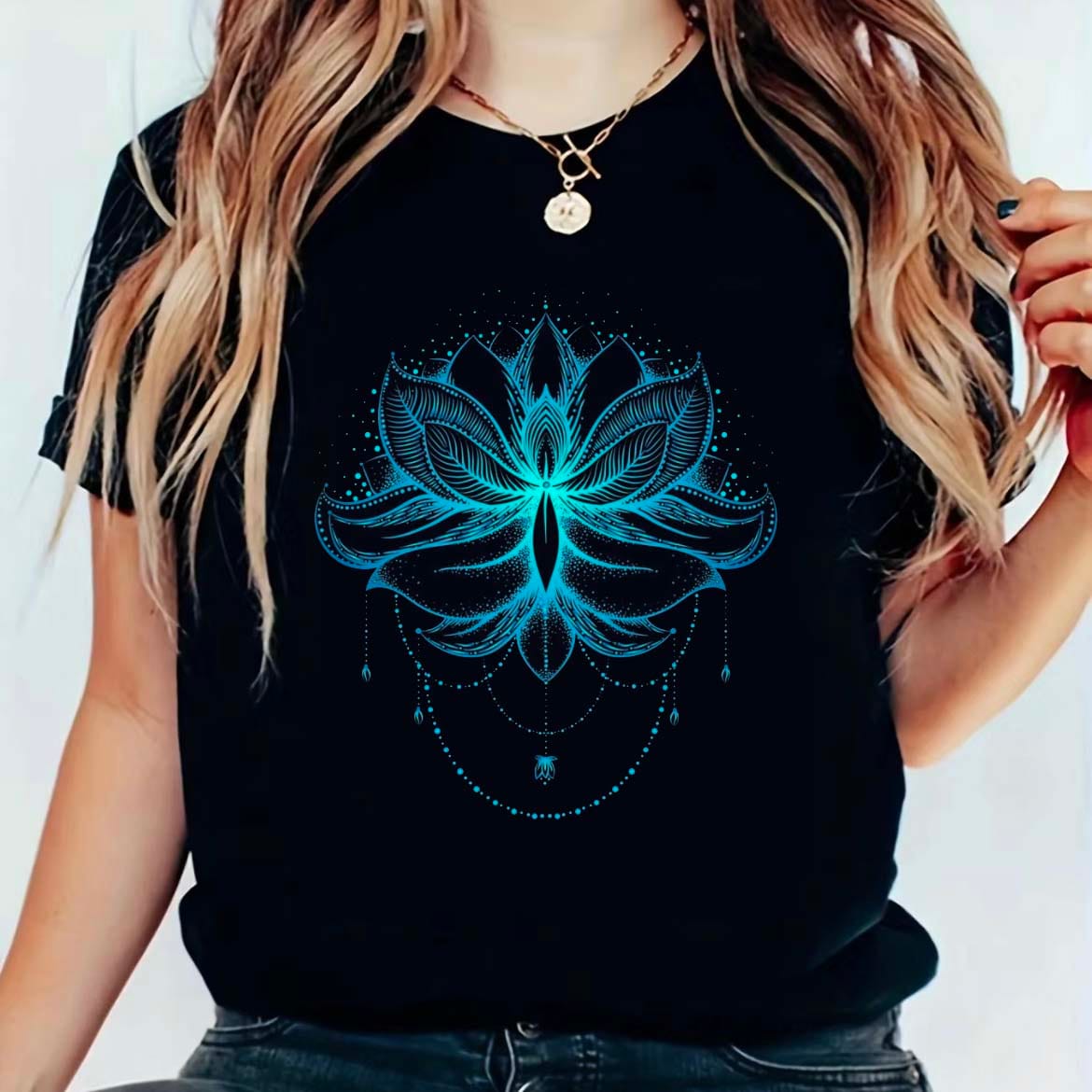 Clothing Women's Fashion Casual Printed Top Short Sleeved Watercolor Style Trendy Women's Round Neck T-Shirt Pattern Black T-Shi