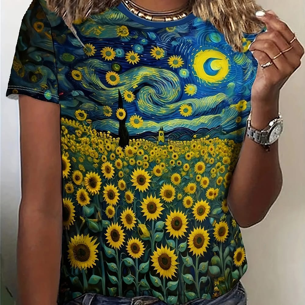 Art paintings Style Women's T-shirts Sunflowers And Starry Sky Pattern Women Clothing Street Crew Neck Short Sleeves T shirt Top