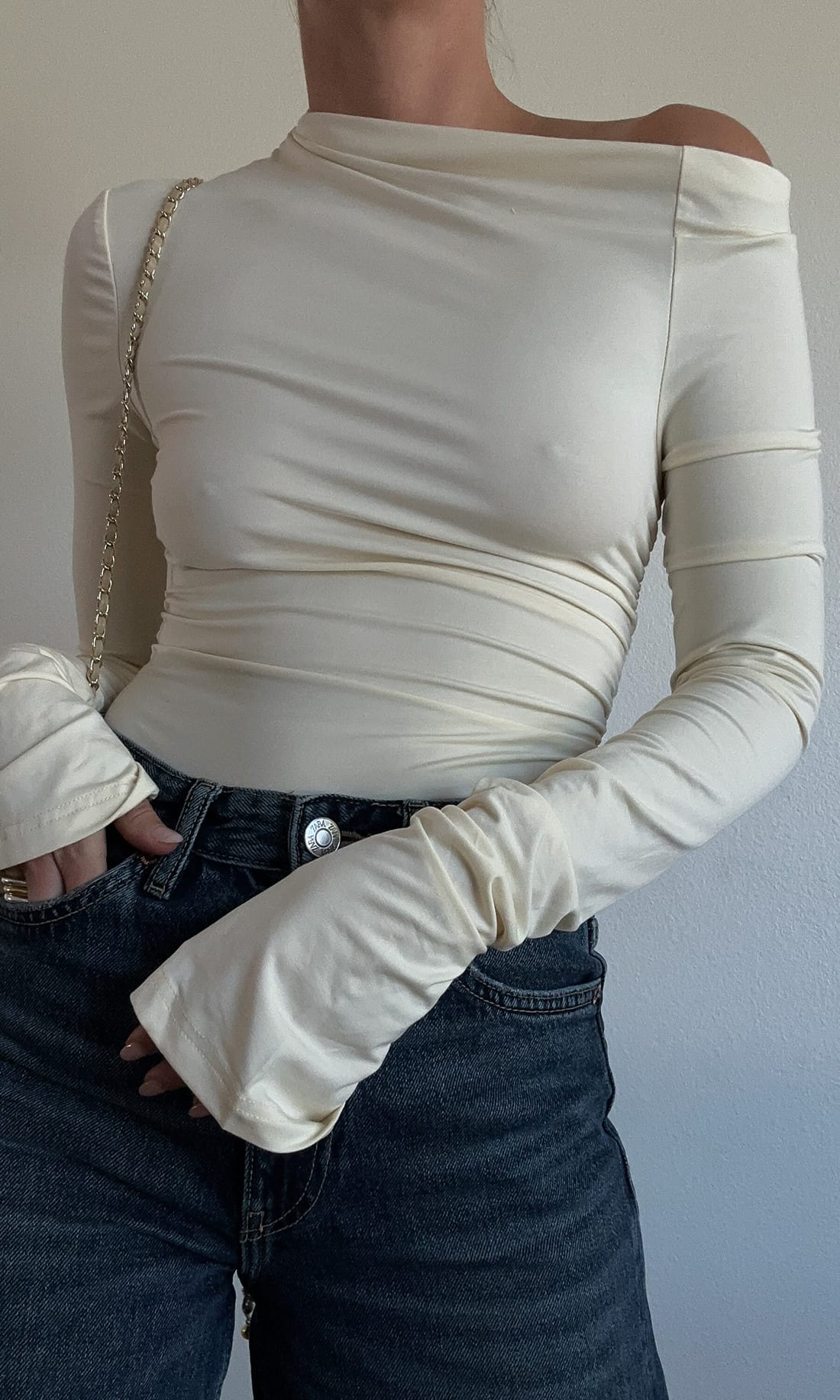 Women's Irregular Solid Color Tops Slant Shoulder Long Sleeve Slim T-Shirt Clubwear