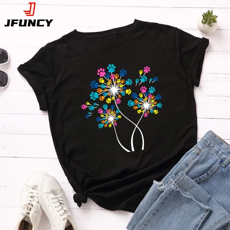 JFUNCY Oversized Women Summer T-Shirt Colorful Flower Graphic T Shirts 2024 Short Sleeve Tee Women's Tops Female Cotton Tshirt
