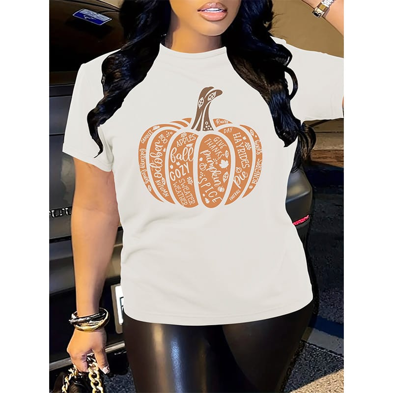 Women's Autumn Pumpkin Fashion Shirt, Girls' Printed Pattern, Fun Short Sleeved T-shirt, Harajuku Casual Round Neck T-shirt