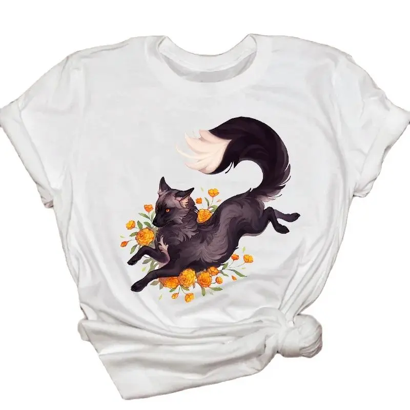 Women's T-shirt Feather Butterfly Fox Print Short Sleeve Round Neck Loose T Shirt Animal Print Oversized Aesthetic Clothes Tee