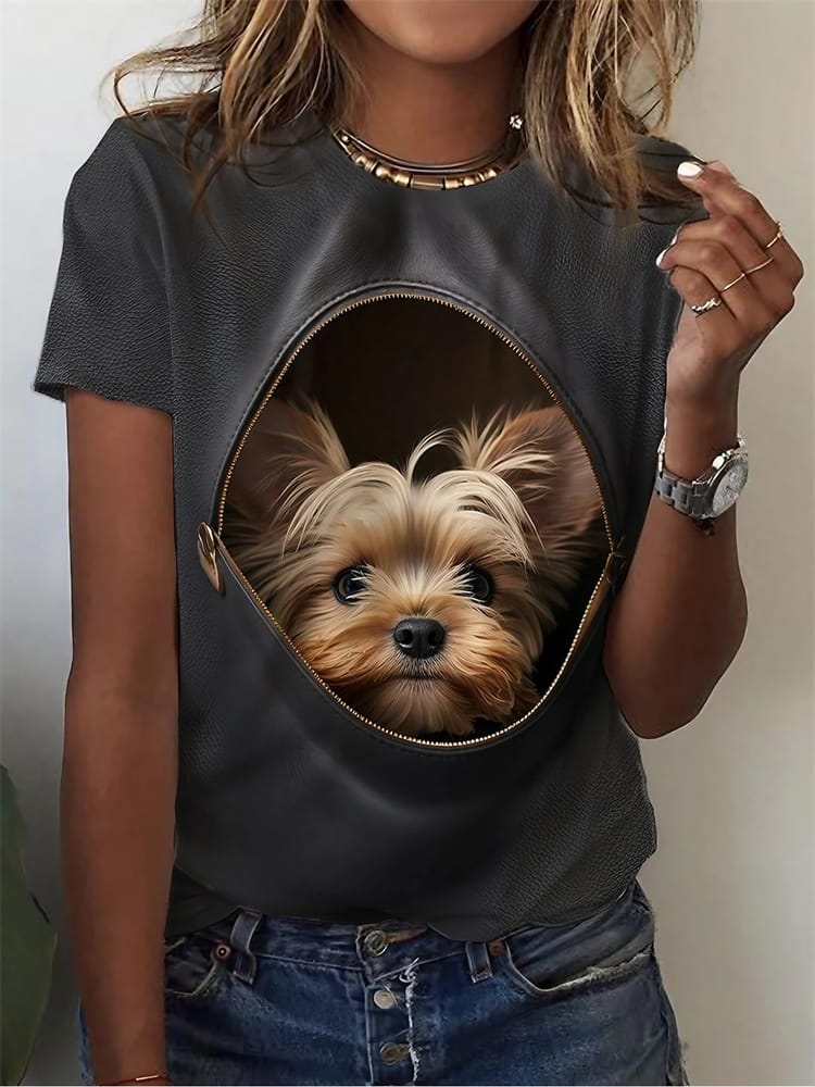 Summer Women's T Shirt Fashion Printed Short Sleeve Women's Casual Slim Pullover Korean O Neck Shirt 3D Small Dog Pattern Top