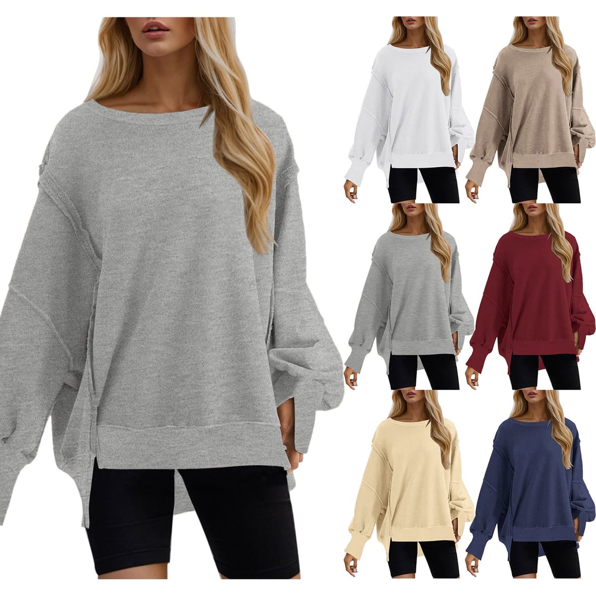 Women's Daily Sweatshirt Oversized Round Neck Solid Color Casual Pullover Tops Mujer Split Long Sleeve Spring Autumn T-Shirts