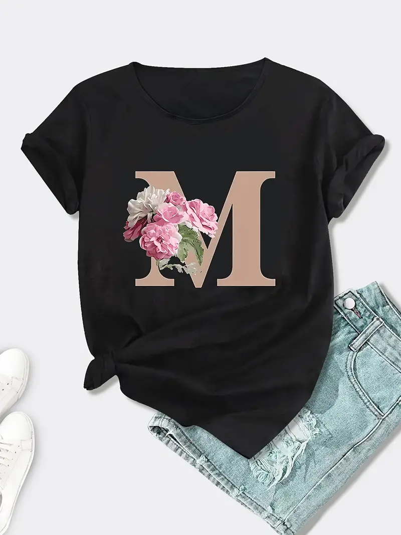 Flower M Letter Graphic Printed Short Sleeved Casual Women's Fashion Women's Pattern T-shirt Women's Printed Summer T-shirt