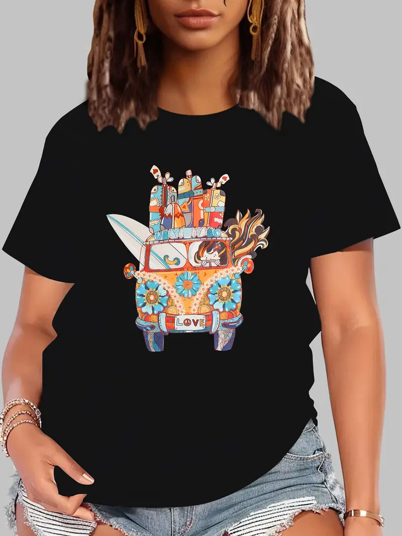 Cartoon colored car Women t shirt Summer Fashion Short sleeved T-shirt Tee Tops Printed O-neck Casual T-shirt Women's Clothing