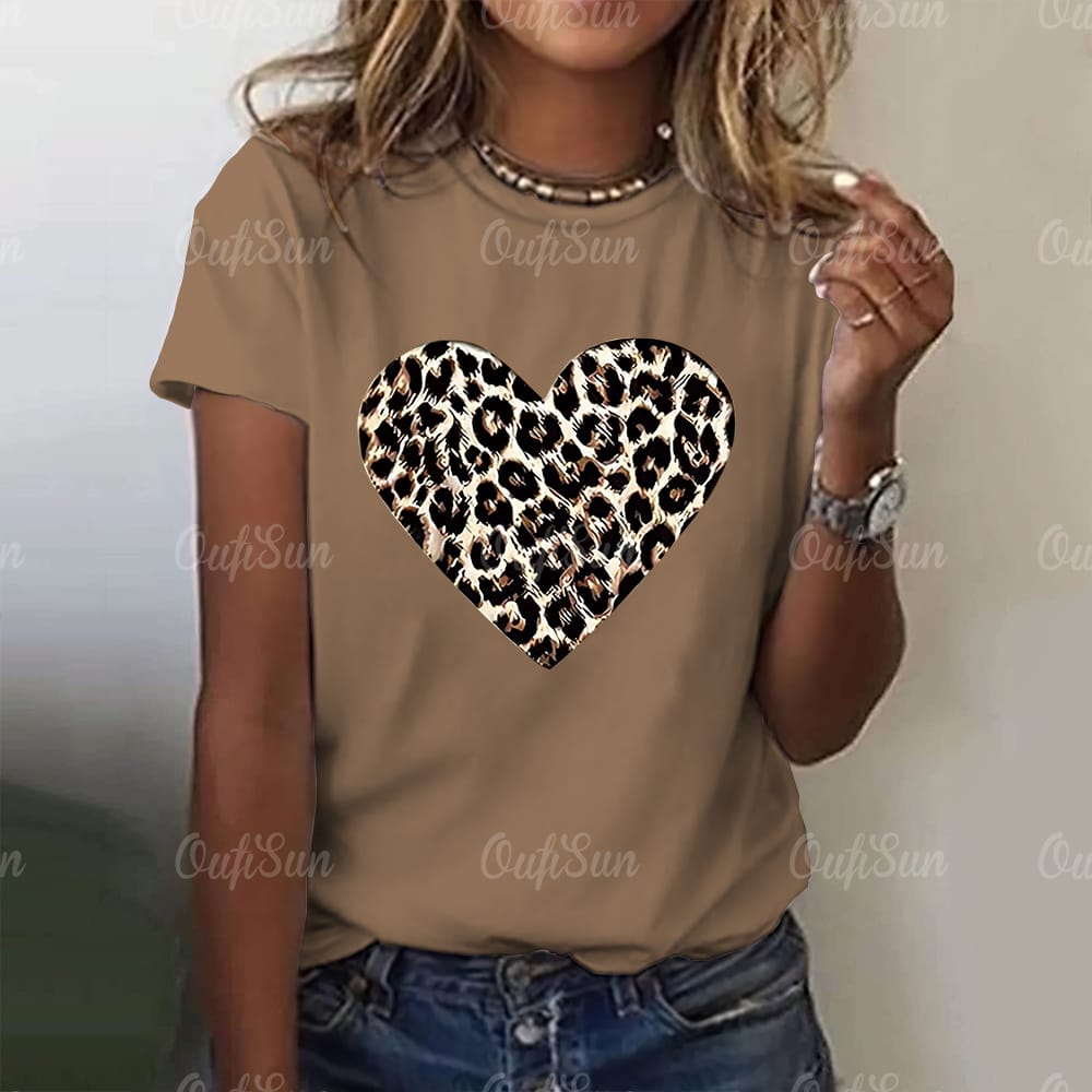 Fashion Women's T-shirts Leopard Print Love Heart Pattern Summer Loose Female Clothing Casual Short Sleeves Tees Tops Pullover