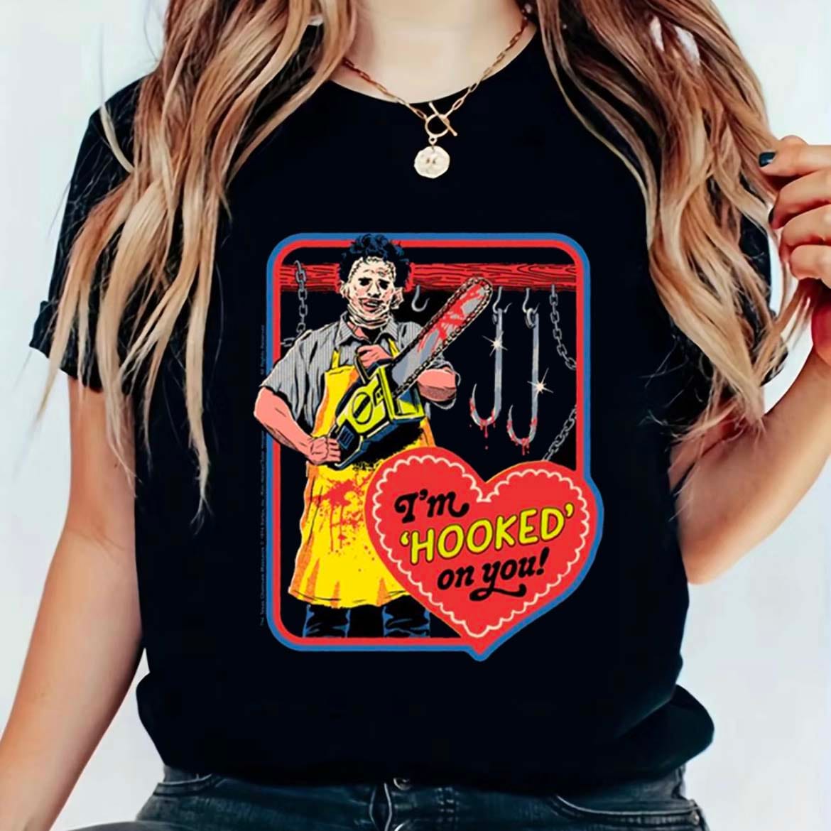 I'm Hooked On You Funny Halloween Cartoon Graphic Women's T-Shirt Vintage Soft Summer Short Sleeve Horror Style Retro Printed F